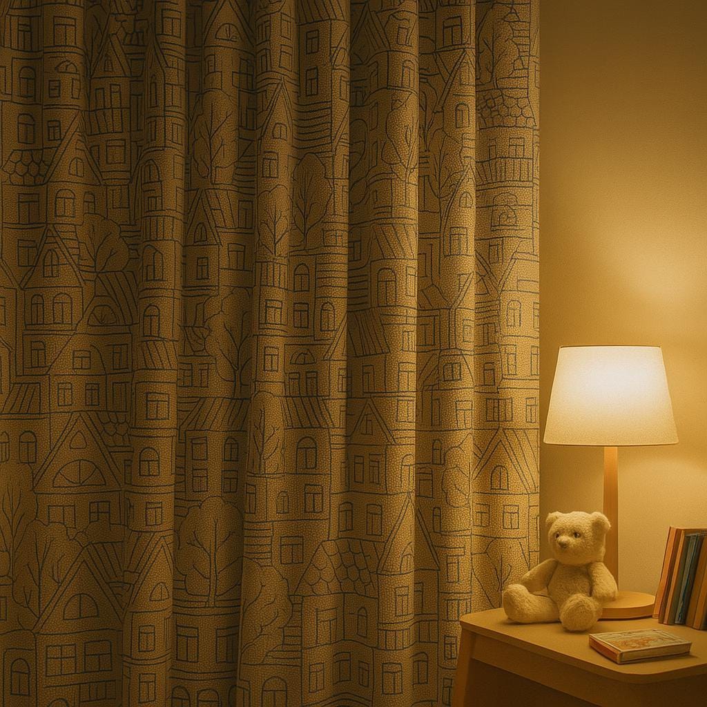 Embroidered Kids Curtains: Blue Cityscape on Beige Linen (Multiple Liners) — image 7