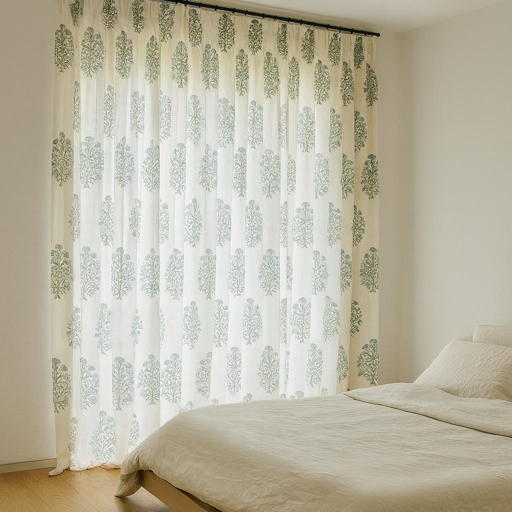 Block Print Curtains: Organic Cotton Floral Blue-Grey Sage (Custom Sizes) — image 8