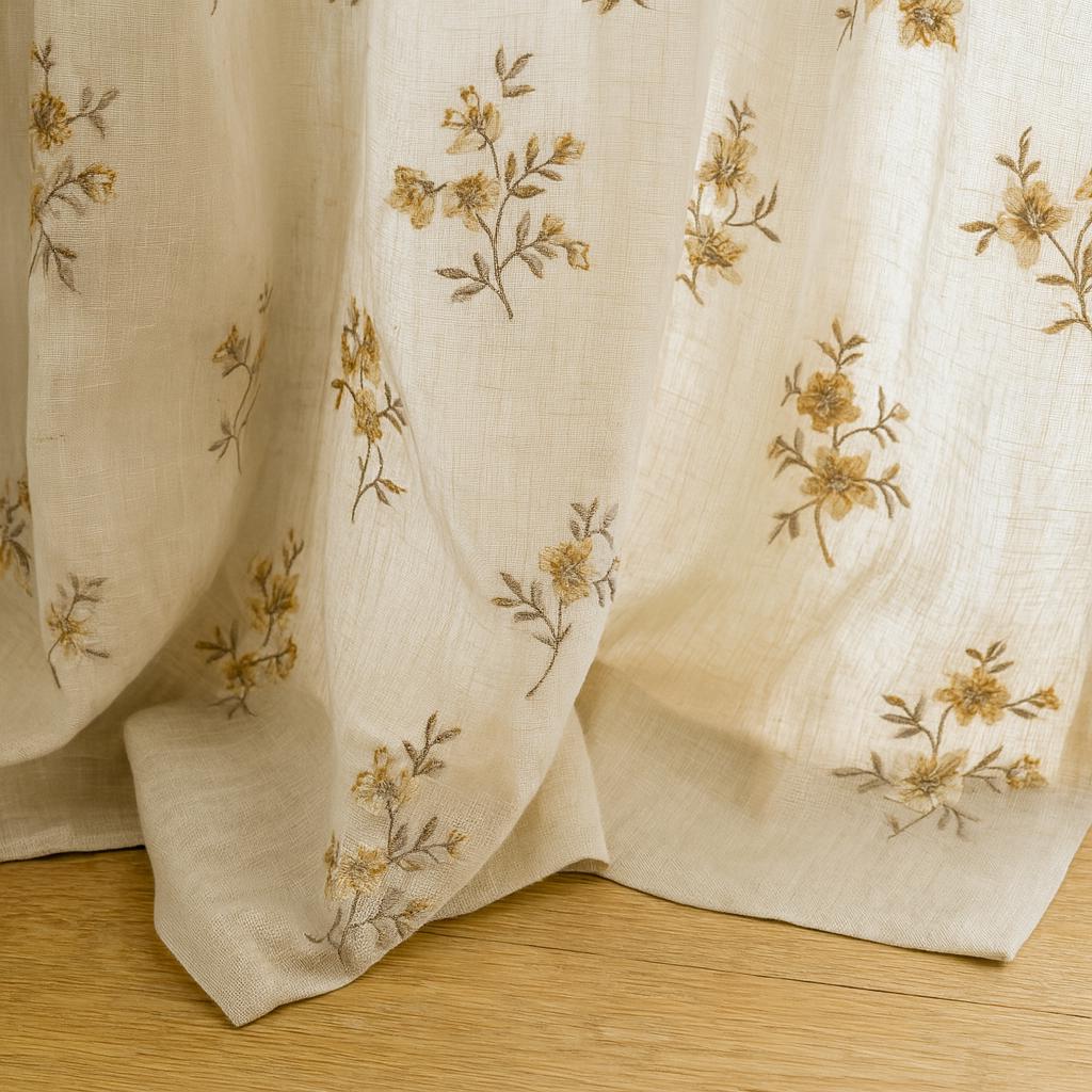 Sheer Linen Curtains: Neutral Floral Embroidery (Custom Width & Height) — image 1