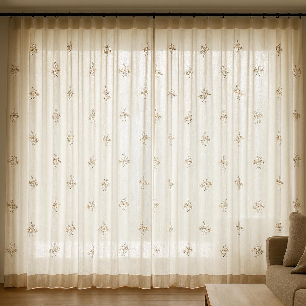 Sheer Linen Curtains: Neutral Floral Embroidery (Custom Width & Height) — image 2