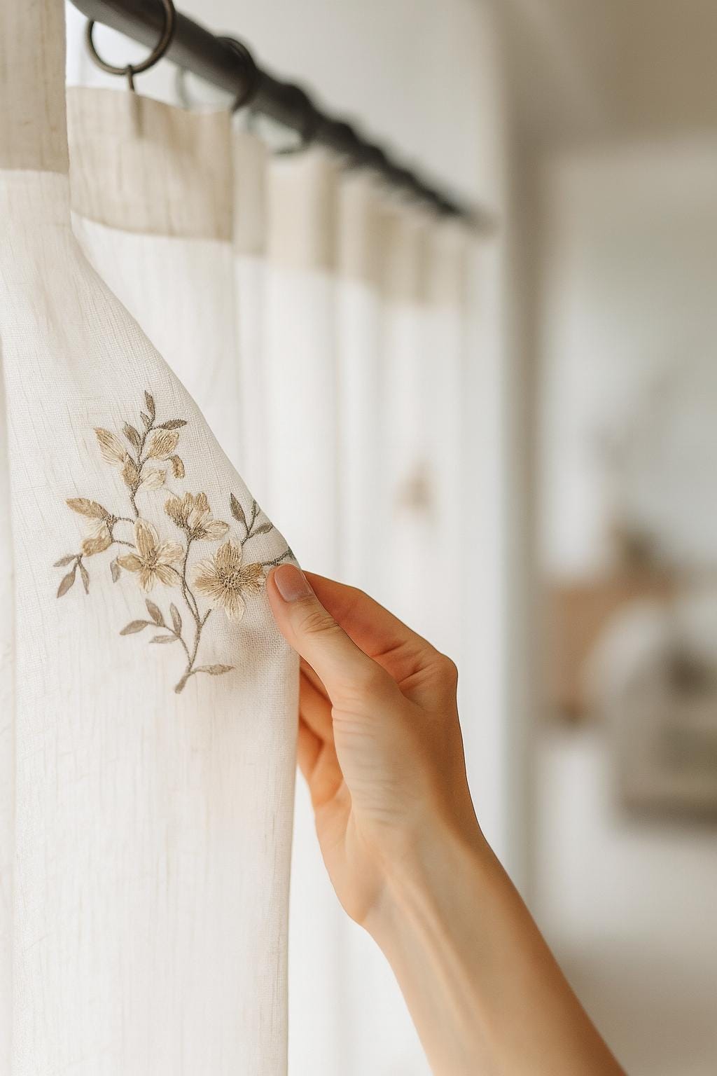 Sheer Linen Curtains: Neutral Floral Embroidery (Custom Width & Height) — image 8