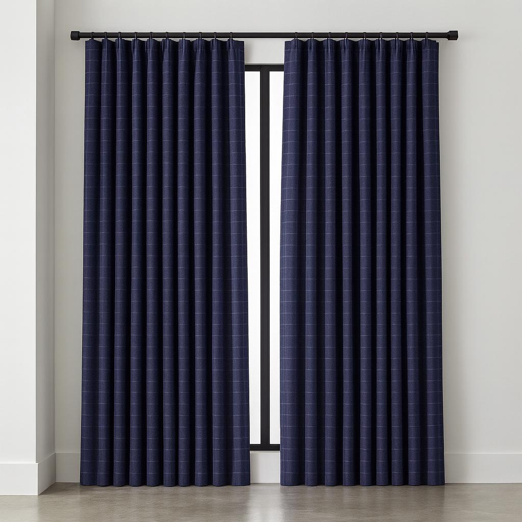 Navy Windowpane Check Curtains: Organic Linen Blackout Panels — image 1