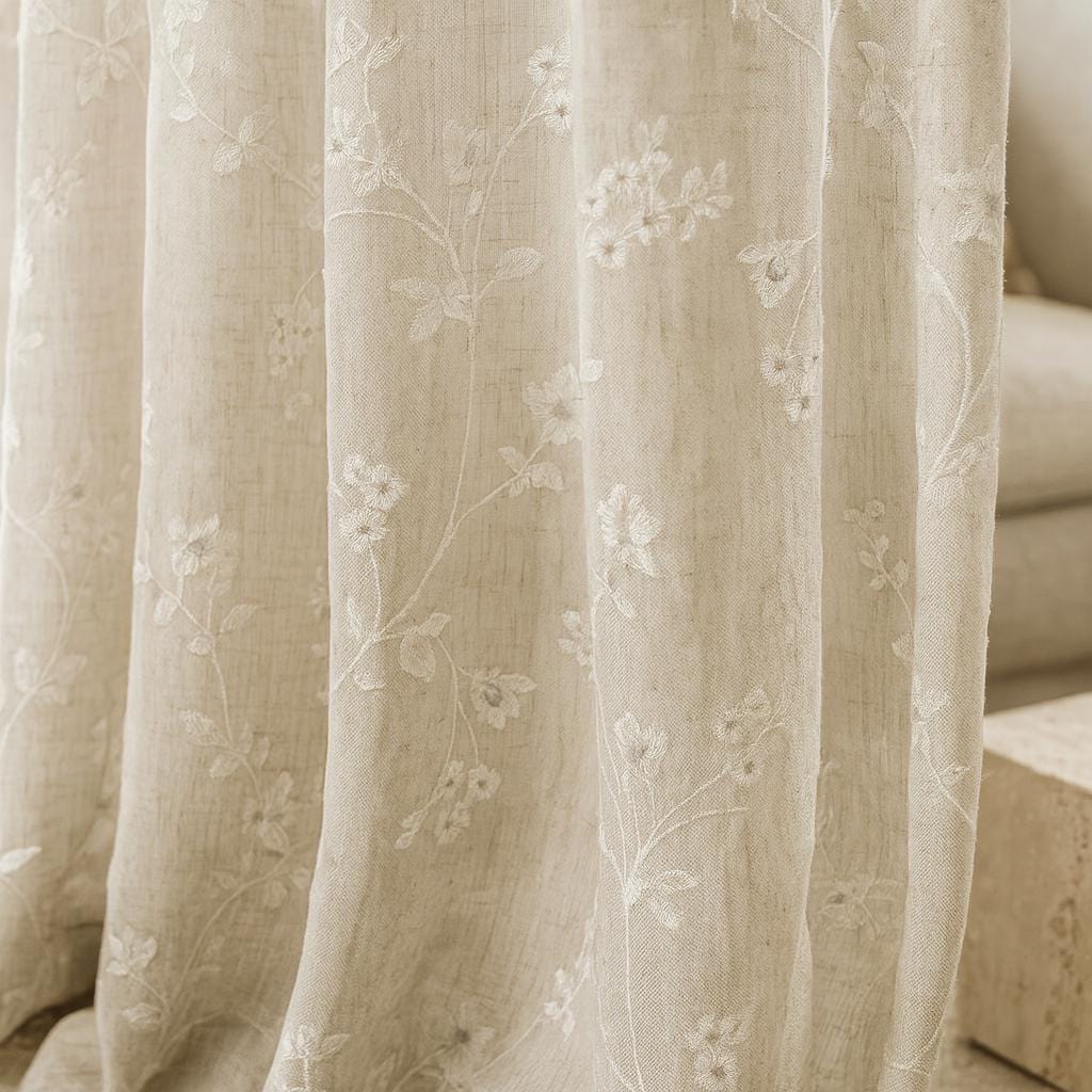 Sheer Linen Curtains: Ivory Floral Embroidery - Custom Sizes & Styles — image 1