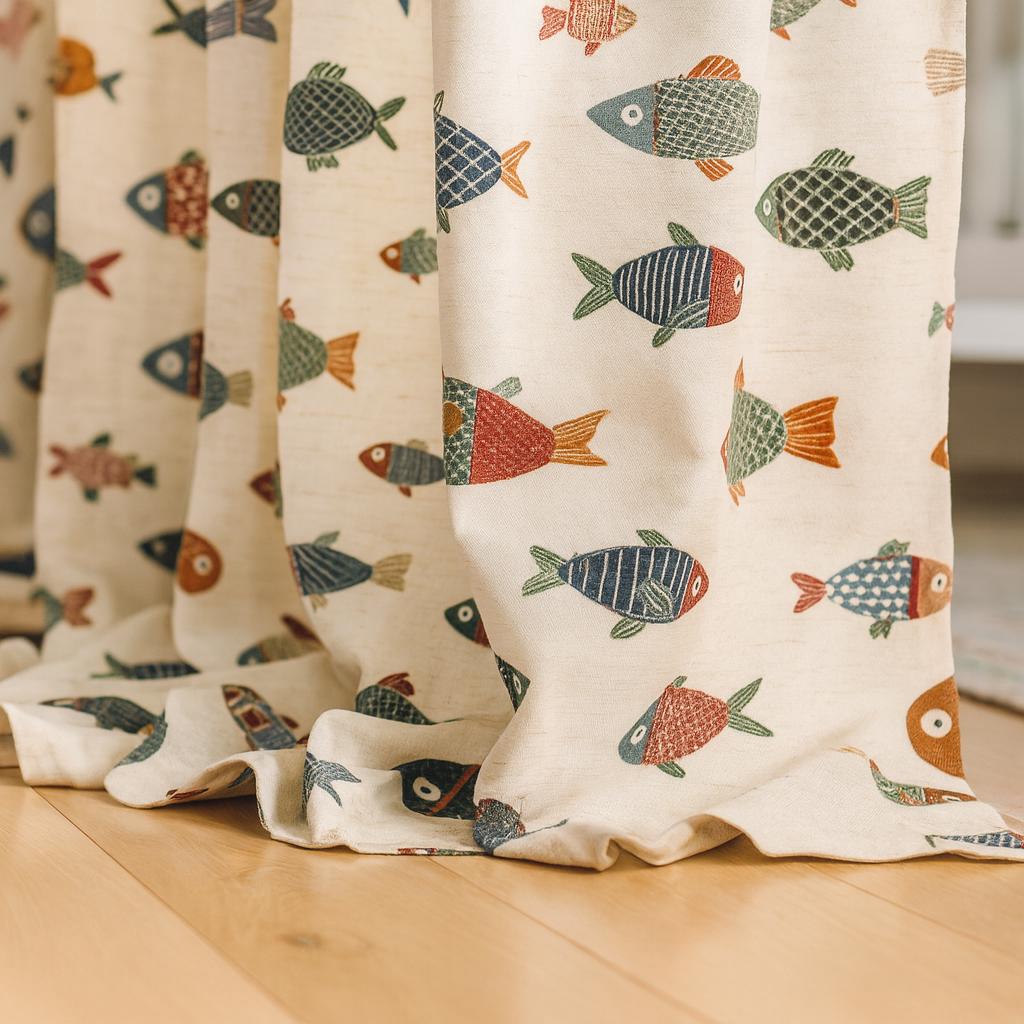 Kids Nursery Curtains: Organic Cotton Fish Print - Blackout or Light-Filtering — image 1