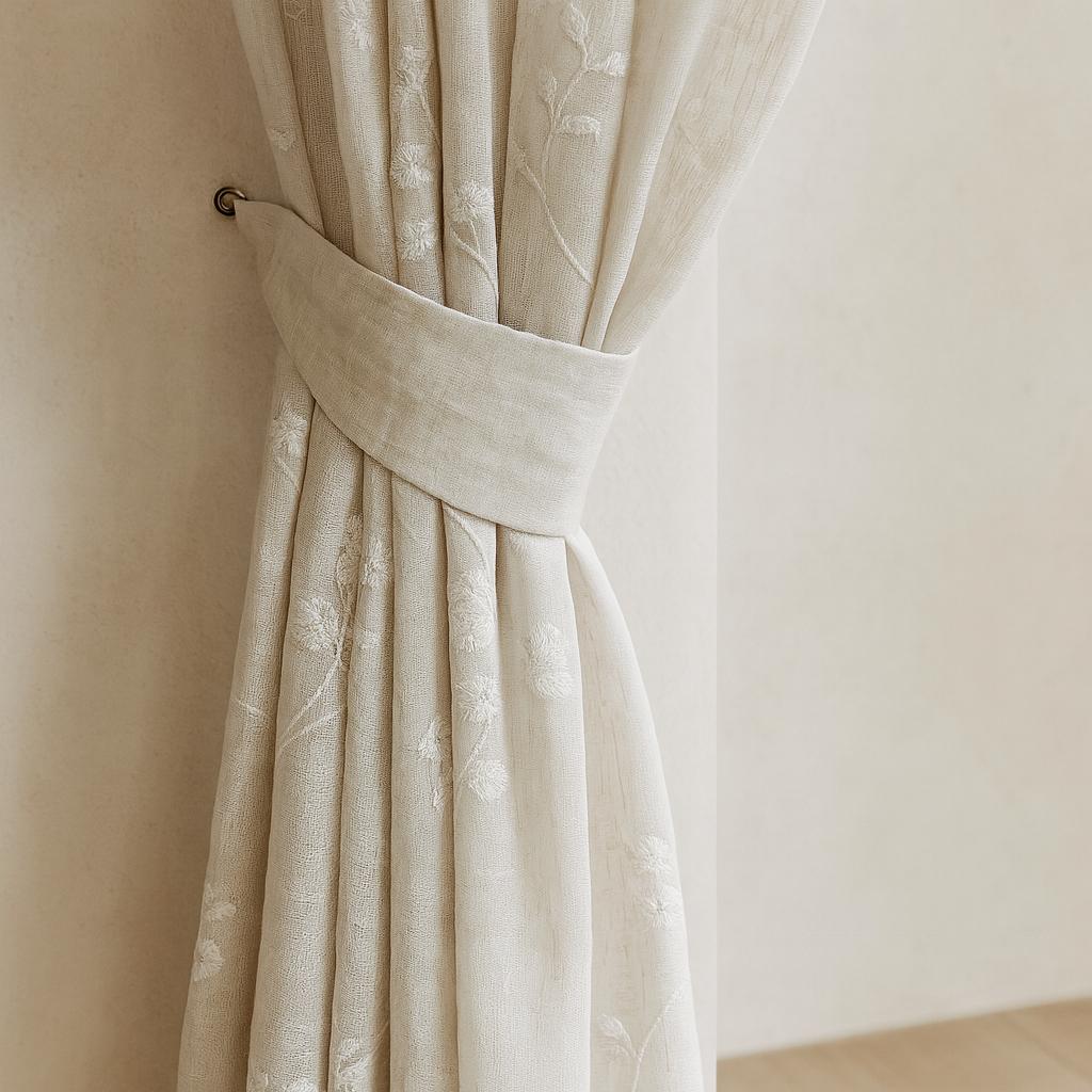 Sheer Linen Curtains: Ivory Floral Embroidery - Custom Sizes & Styles — image 3