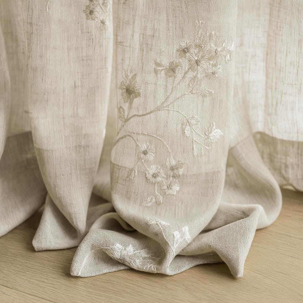 Sheer Linen Curtains: Ivory Floral Embroidery - Custom Sizes & Styles — image 4