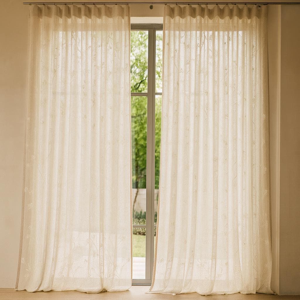 Sheer Linen Curtains: Ivory Floral Embroidery - Custom Sizes & Styles — image 9