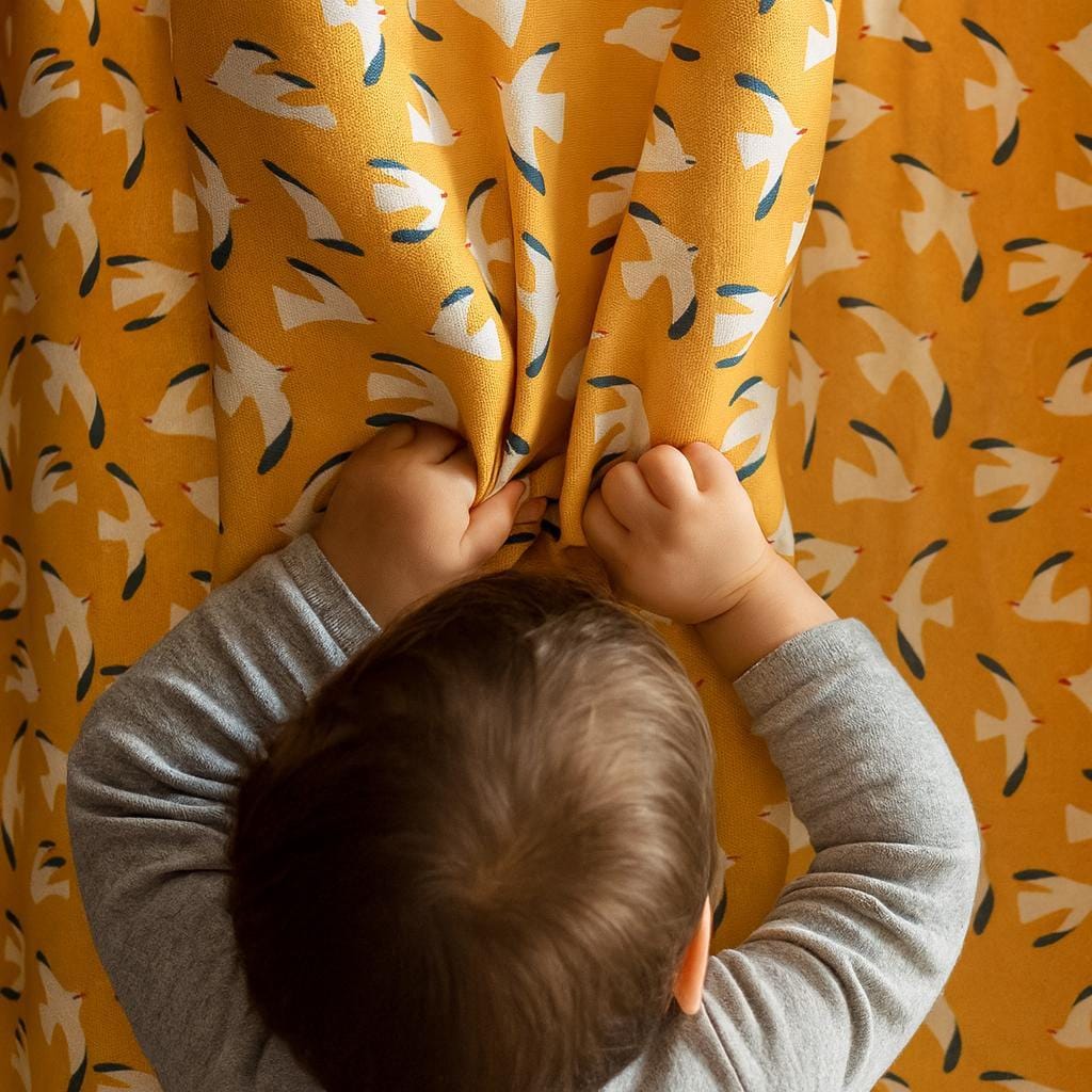 Organic Cotton Kids Curtains: Mustard Seagull Print, Custom Size — image 1
