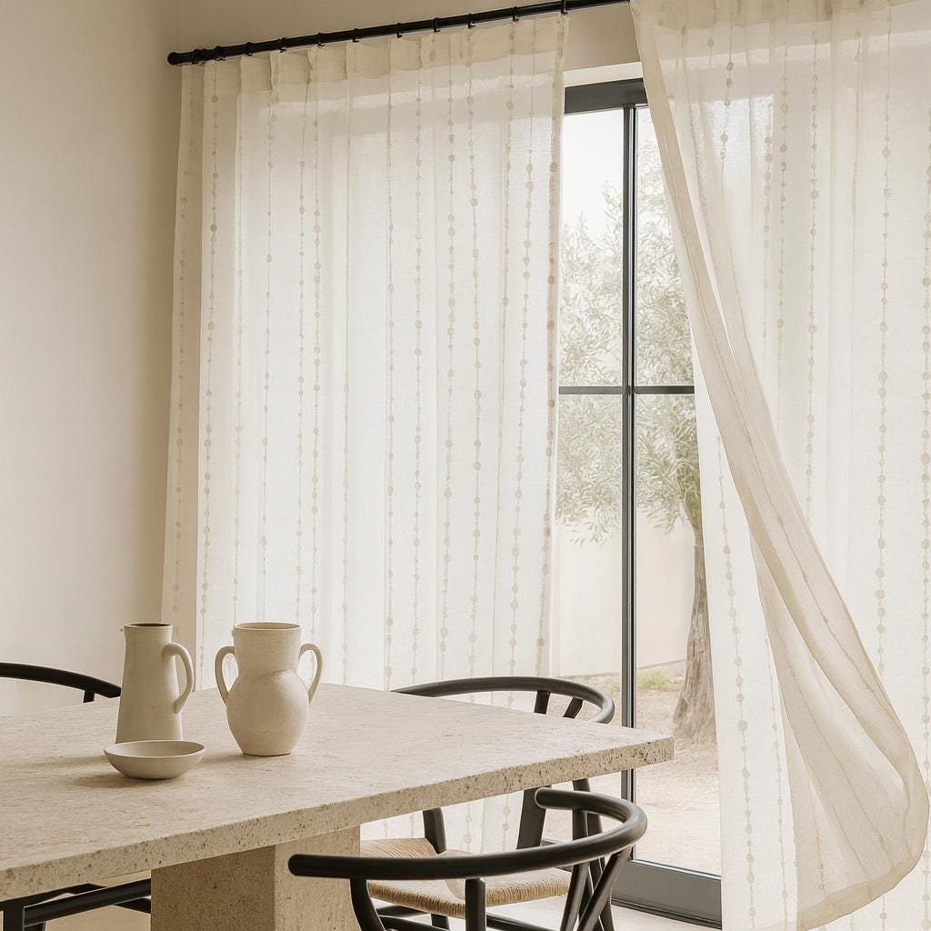 Embroidered Linen Sheer Curtains: Ivory with Stone-Beige Dots — image 2