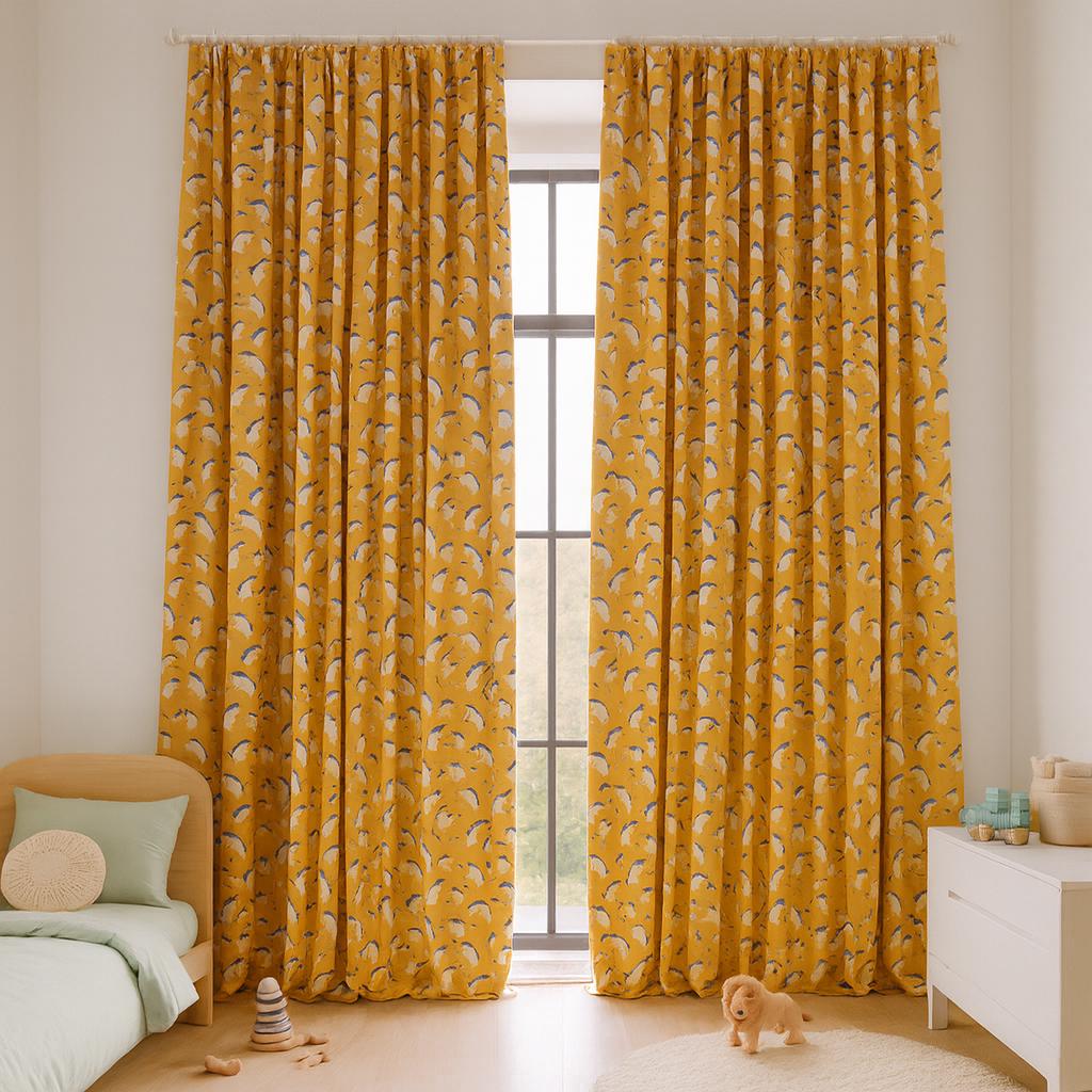 Organic Cotton Kids Curtains: Mustard Seagull Print, Custom Size — image 3