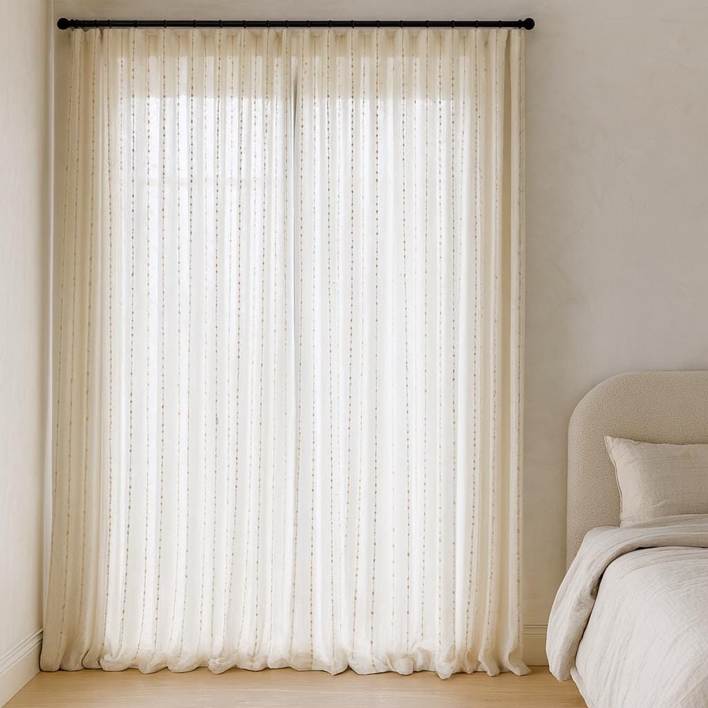 Embroidered Linen Sheer Curtains: Ivory with Stone-Beige Dots — image 7