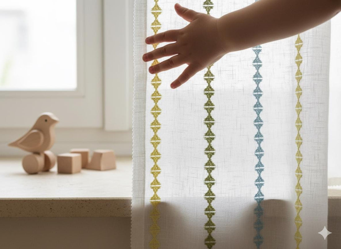 Nursery Sheer Curtains: White Linen with Colorful Embroidered Stripes - Custom Sizes — image 1