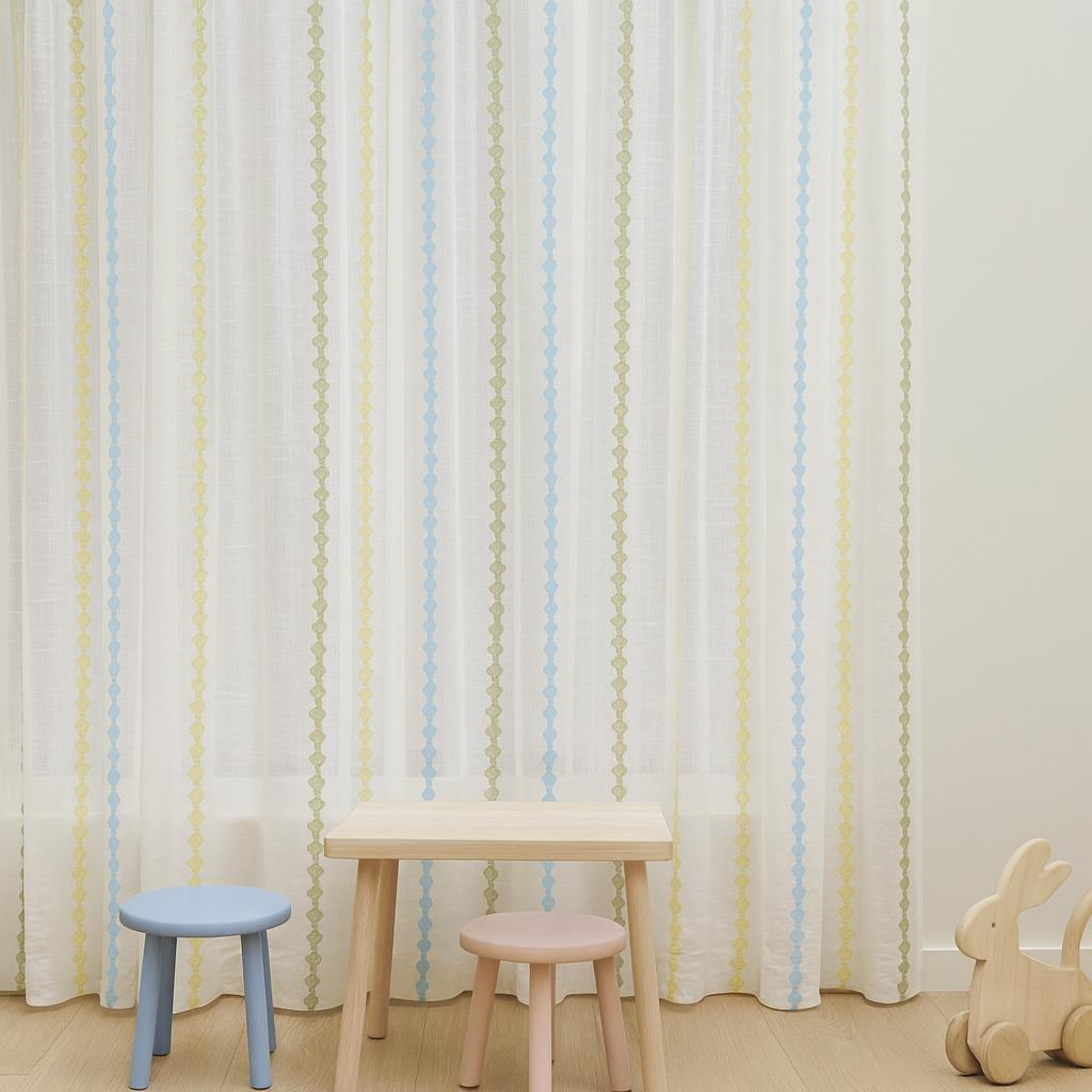Nursery Sheer Curtains: White Linen with Colorful Embroidered Stripes - Custom Sizes — image 3