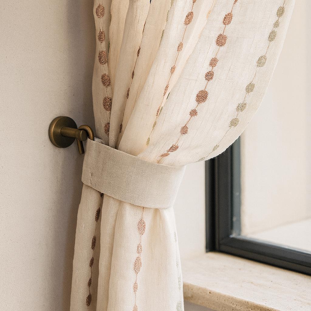 Linen Sheer Curtains: Ivory with Blush Pink & Sage Dot Embroidery — image 4