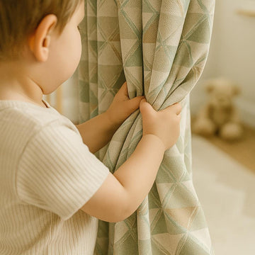 Linen Blackout Curtains - Sage, Sand & Taupe Triangles on Ivory — image 1