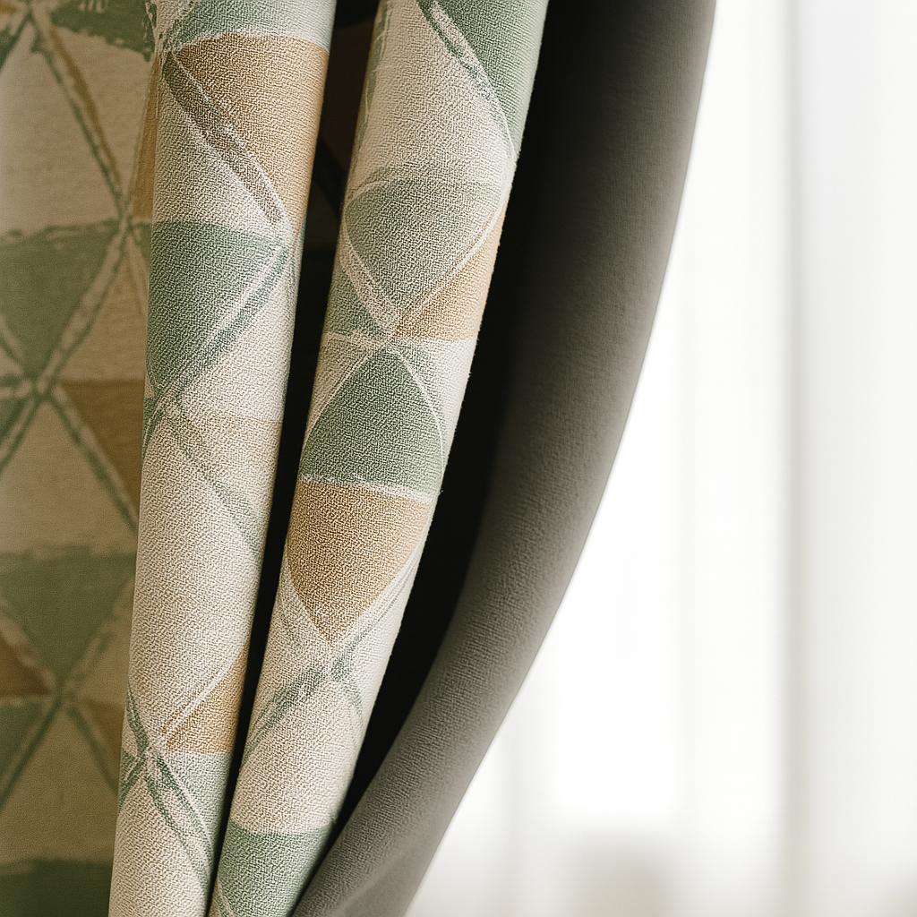 Linen Blackout Curtains - Sage, Sand & Taupe Triangles on Ivory — image 5