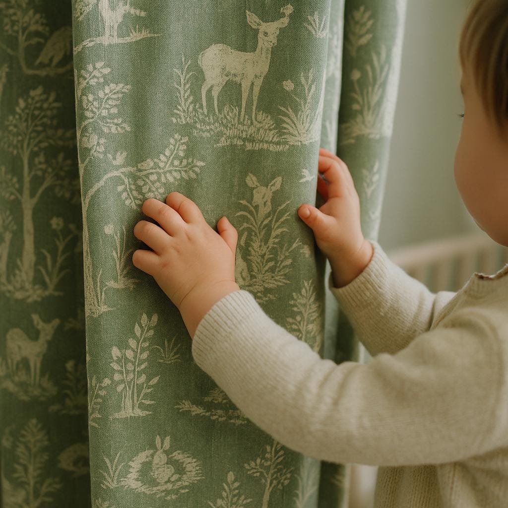 Sage Green Silk-Linen Jacquard Curtains, Ivory Woodland Deer Toile, Custom Blackout Nursery Drapes — image 1