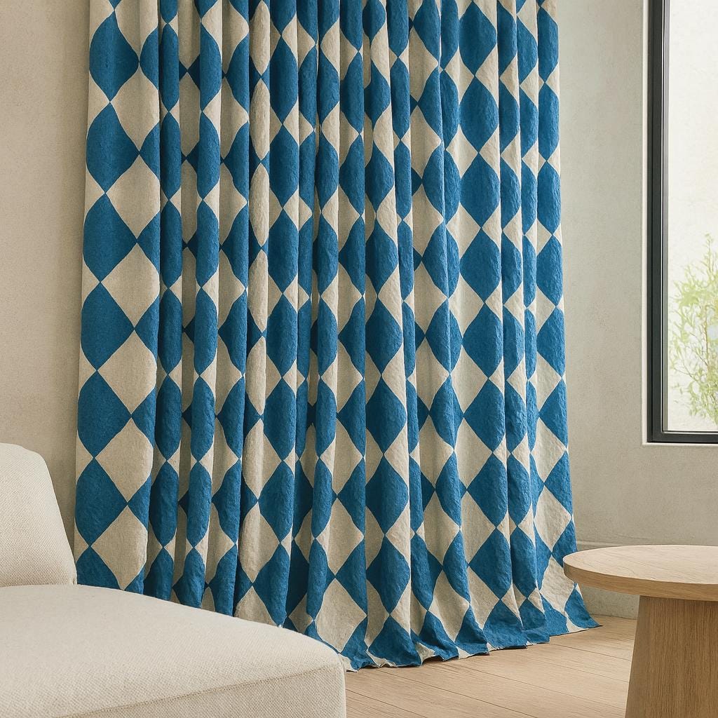 Indigo Blue Diamond Curtains: Organic Cotton Hand Block Print — image 1