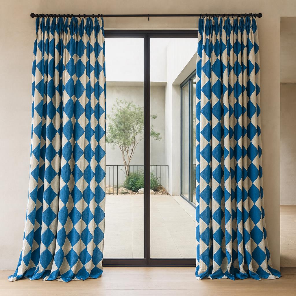 Indigo Blue Diamond Curtains: Organic Cotton Hand Block Print — image 3