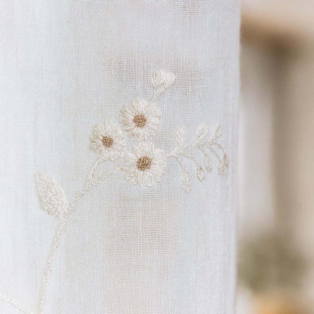 Ivory Linen Sheer Curtains, Embroidered Floral Vine (Ripple, Hooks, Grommet) — image 1