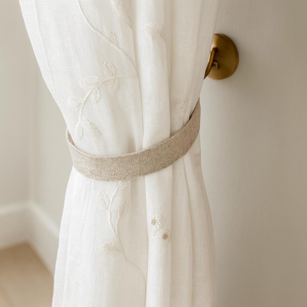 Ivory Linen Sheer Curtains, Embroidered Floral Vine (Ripple, Hooks, Grommet) — image 1