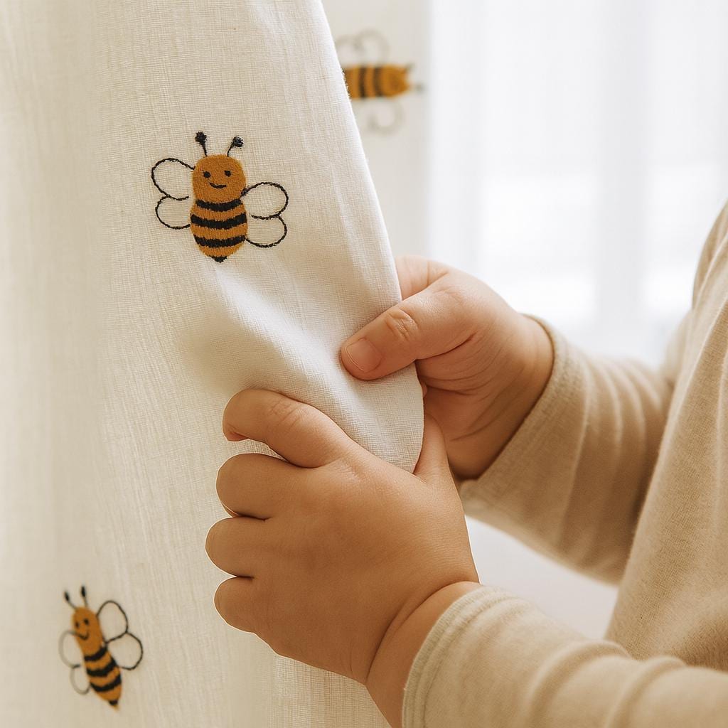 Nursery Curtains: Organic Linen with Cheerful Bee Embroidery (Custom Sizes) — image 1