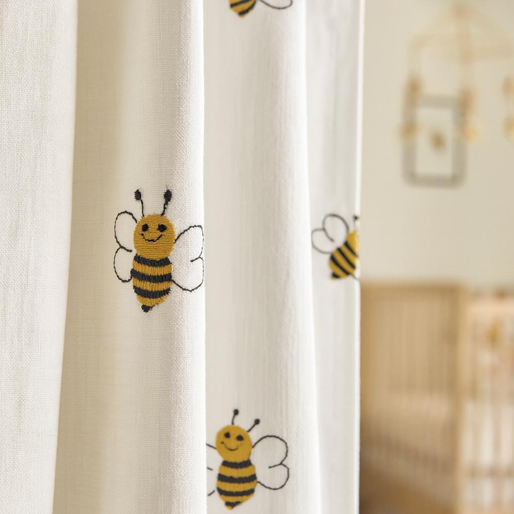 Nursery Curtains: Organic Linen with Cheerful Bee Embroidery (Custom Sizes) — image 1