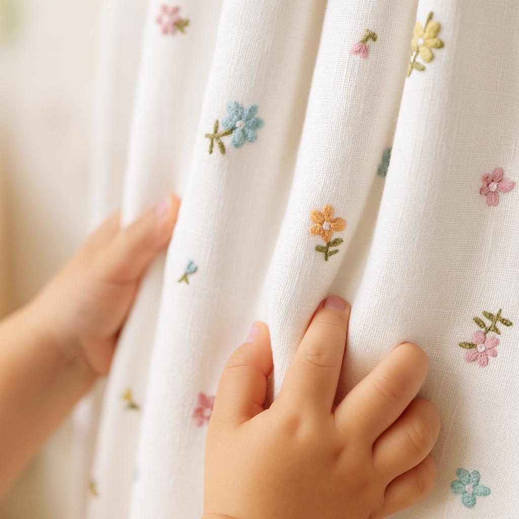 Soft White Linen Embroidered Curtains, Rust Pink Blue Floral Sprigs, Custom Blackout Nursery Drapes — image 1