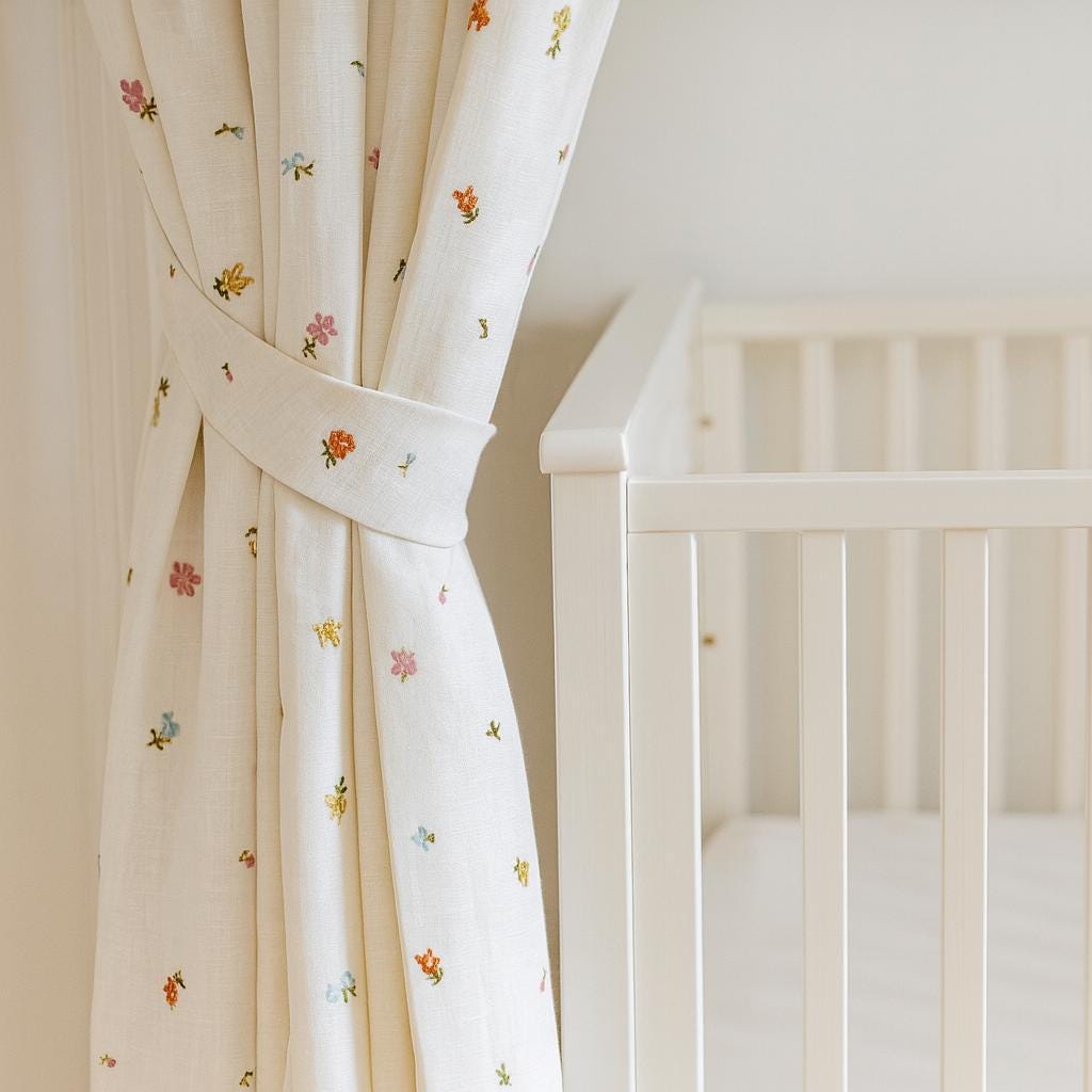 Linen Nursery Curtains, Pinch Pleated, Pastel Flowers (Cotton or Blackout Liner) — image 1