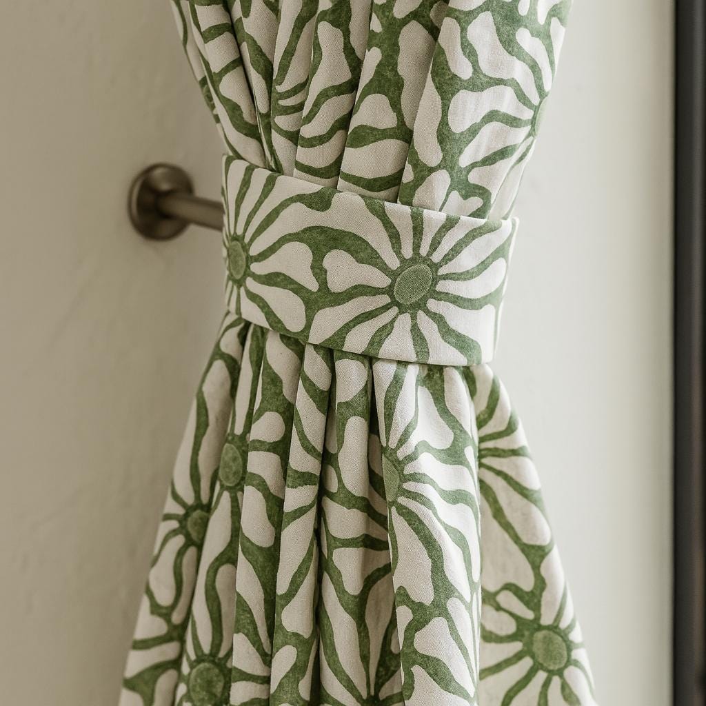 Hand Block Printed Curtains: Sage Green Floral Design (Single or Pair, Custom Size) — image 1