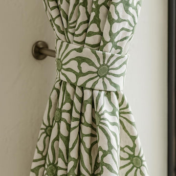 Hand Block Printed Curtains: Sage Green Floral Design (Single or Pair, Custom Size) — image 1