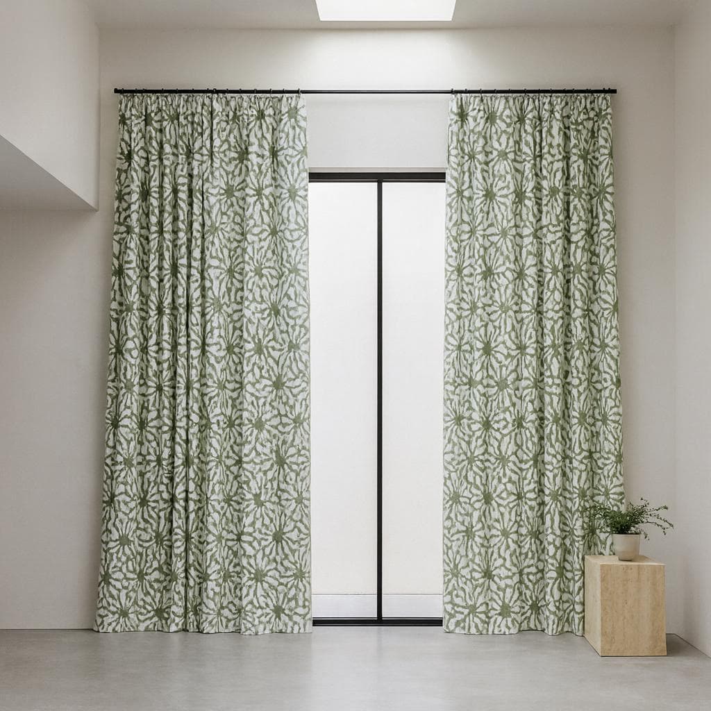 Hand Block Printed Curtains: Sage Green Floral Design (Single or Pair, Custom Size) — image 6