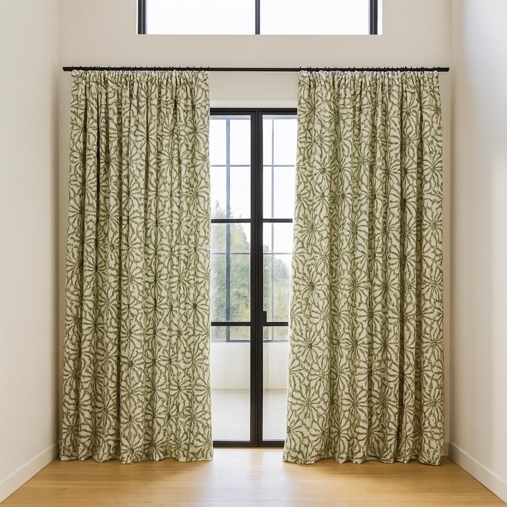 Hand Block Printed Curtains: Sage Green Floral Design (Single or Pair, Custom Size) — image 8
