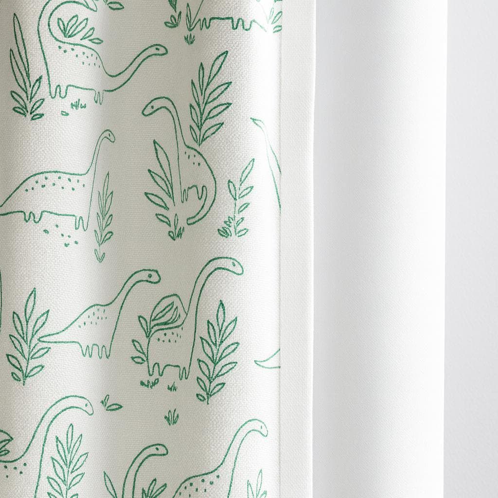 Organic Linen Kids Curtains: White with Green Dinosaur Print — image 1