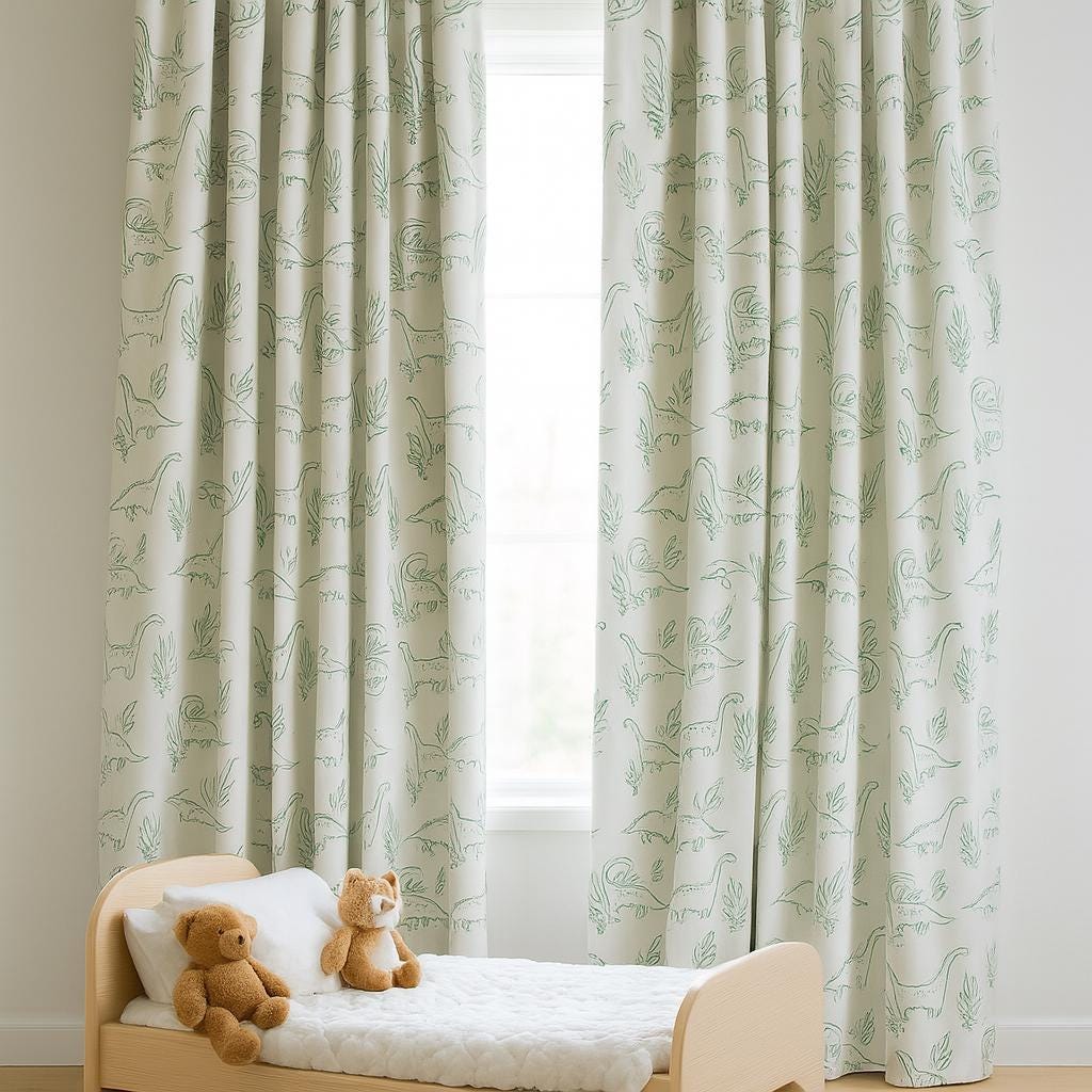 Organic Linen Kids Curtains: White with Green Dinosaur Print — image 2