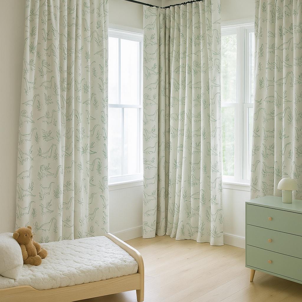 Organic Linen Kids Curtains: White with Green Dinosaur Print — image 4