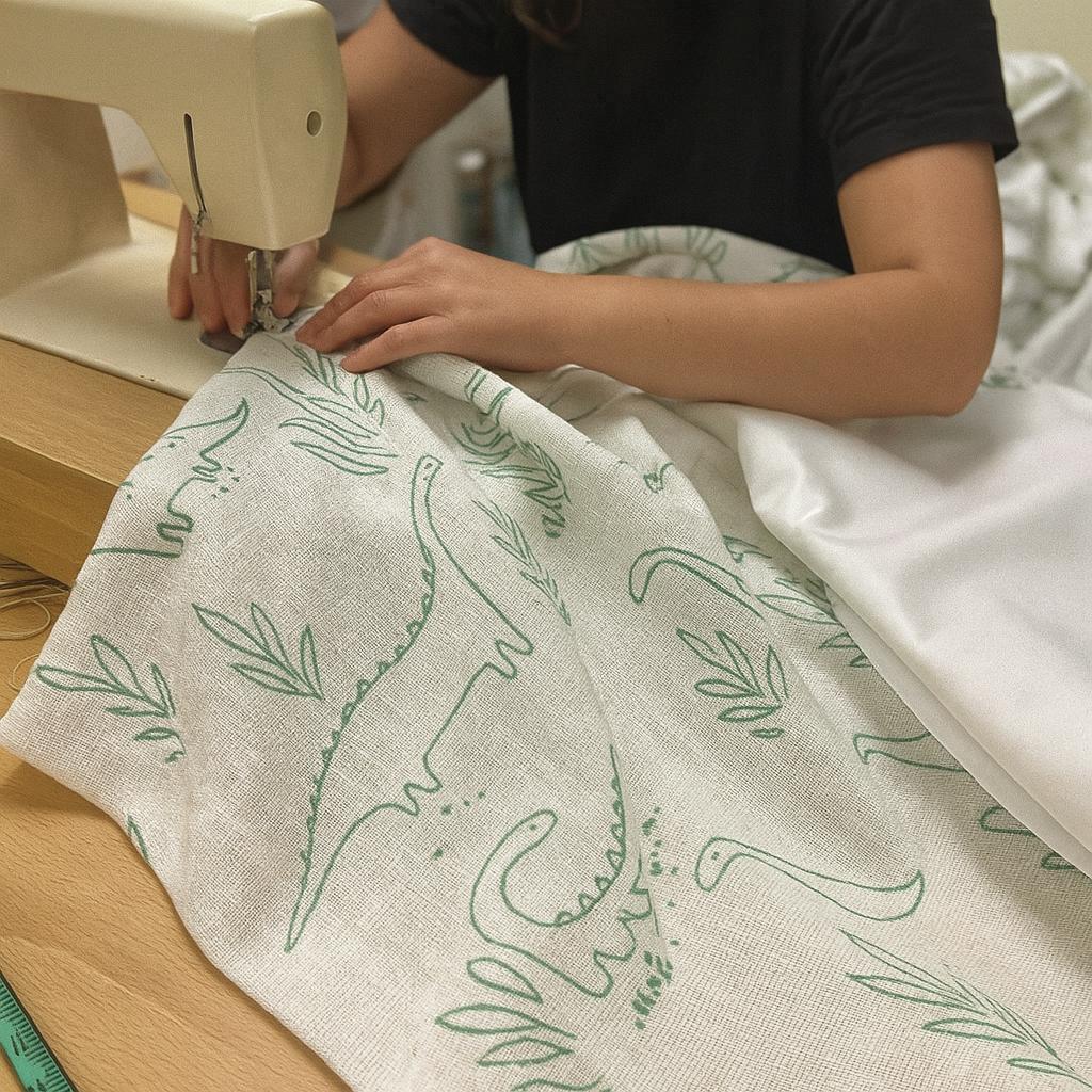 Organic Linen Kids Curtains: White with Green Dinosaur Print — image 8