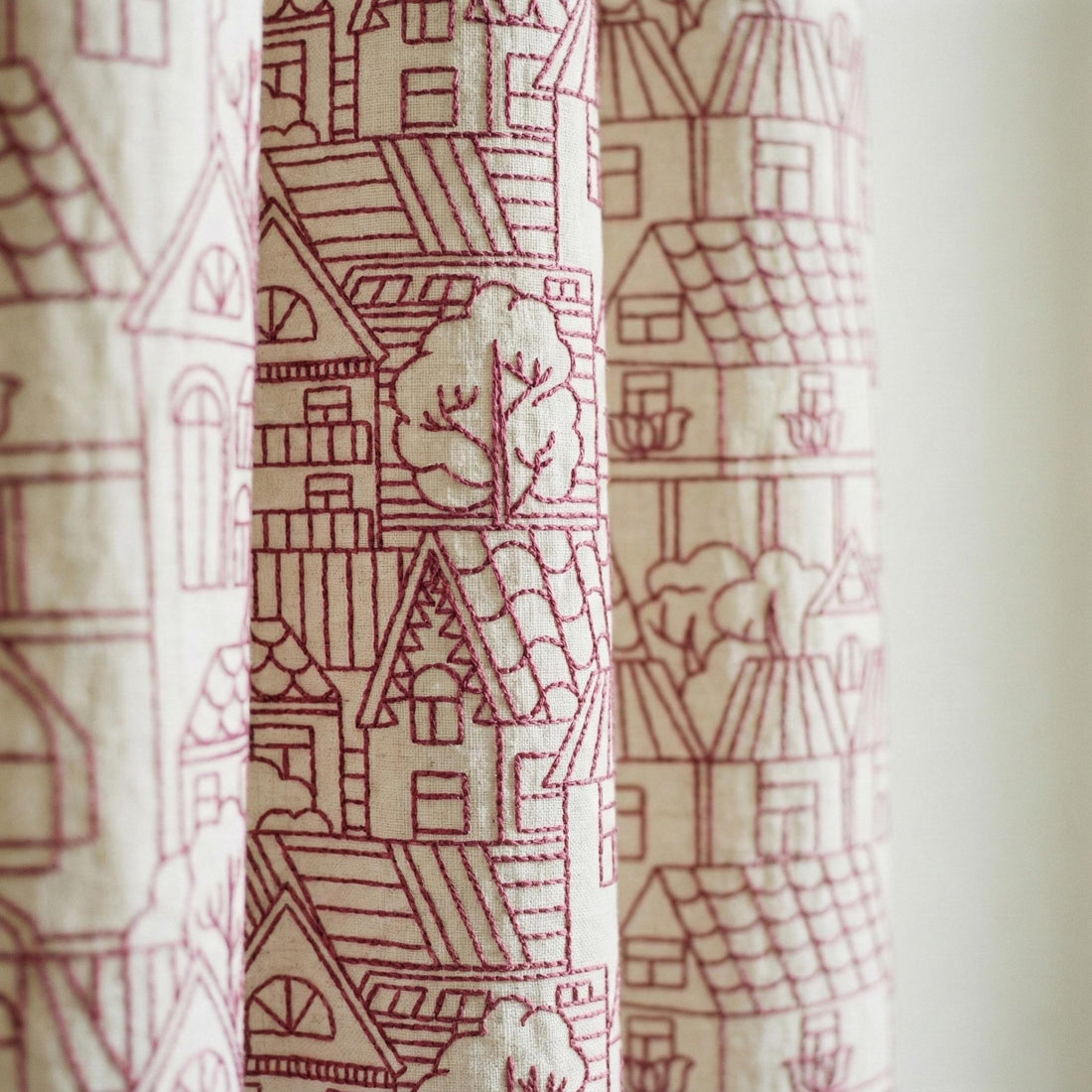 Blackout Linen Curtains: Ivory with Pink Embroidery (Single or Pair, Custom Sizes) — image 1
