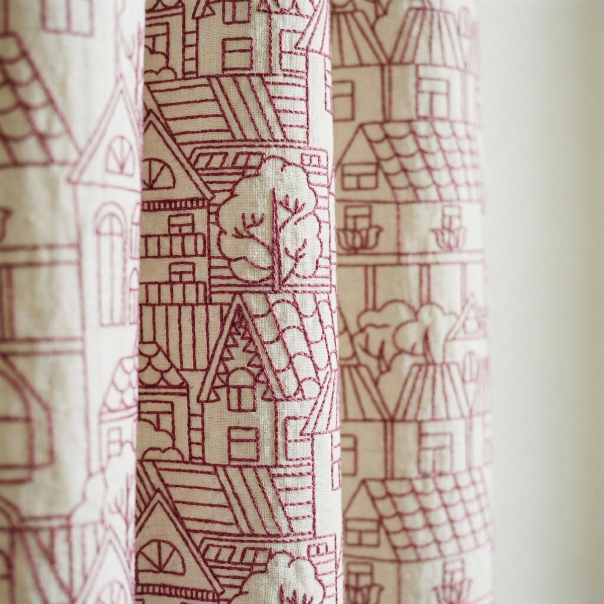 Blackout Linen Curtains: Ivory with Pink Embroidery (Single or Pair, Custom Sizes) — image 1