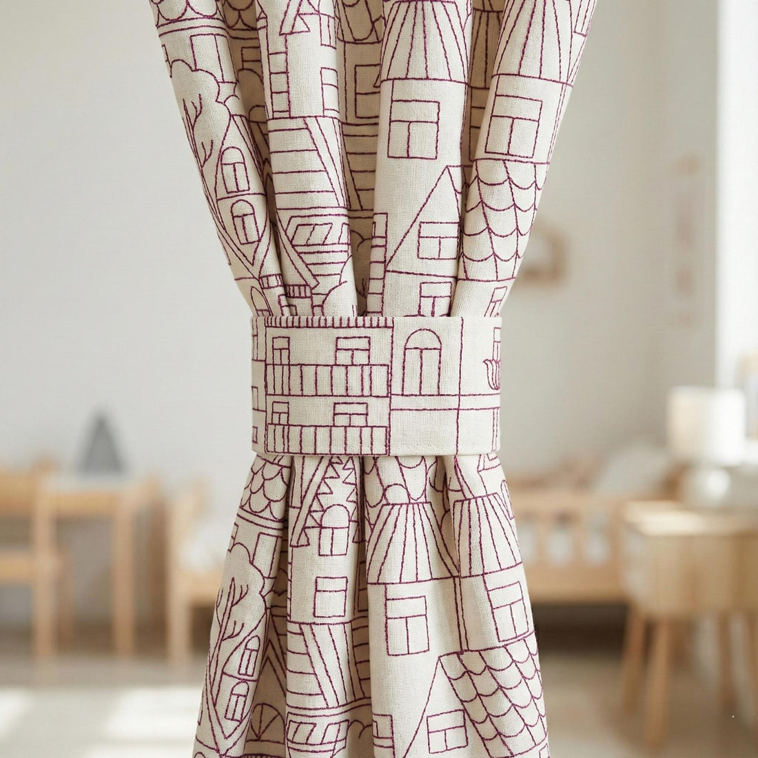 Blackout Linen Curtains: Ivory with Pink Embroidery (Single or Pair, Custom Sizes) — image 1