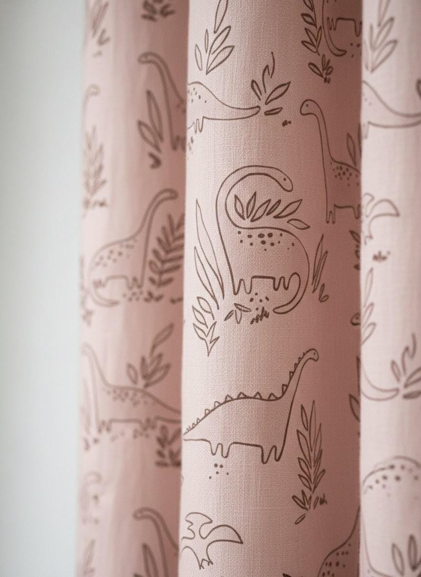 Blush Pink Dinosaur Linen Curtains, Playful Cocoa Brown (Blackout or Cotton) — image 1