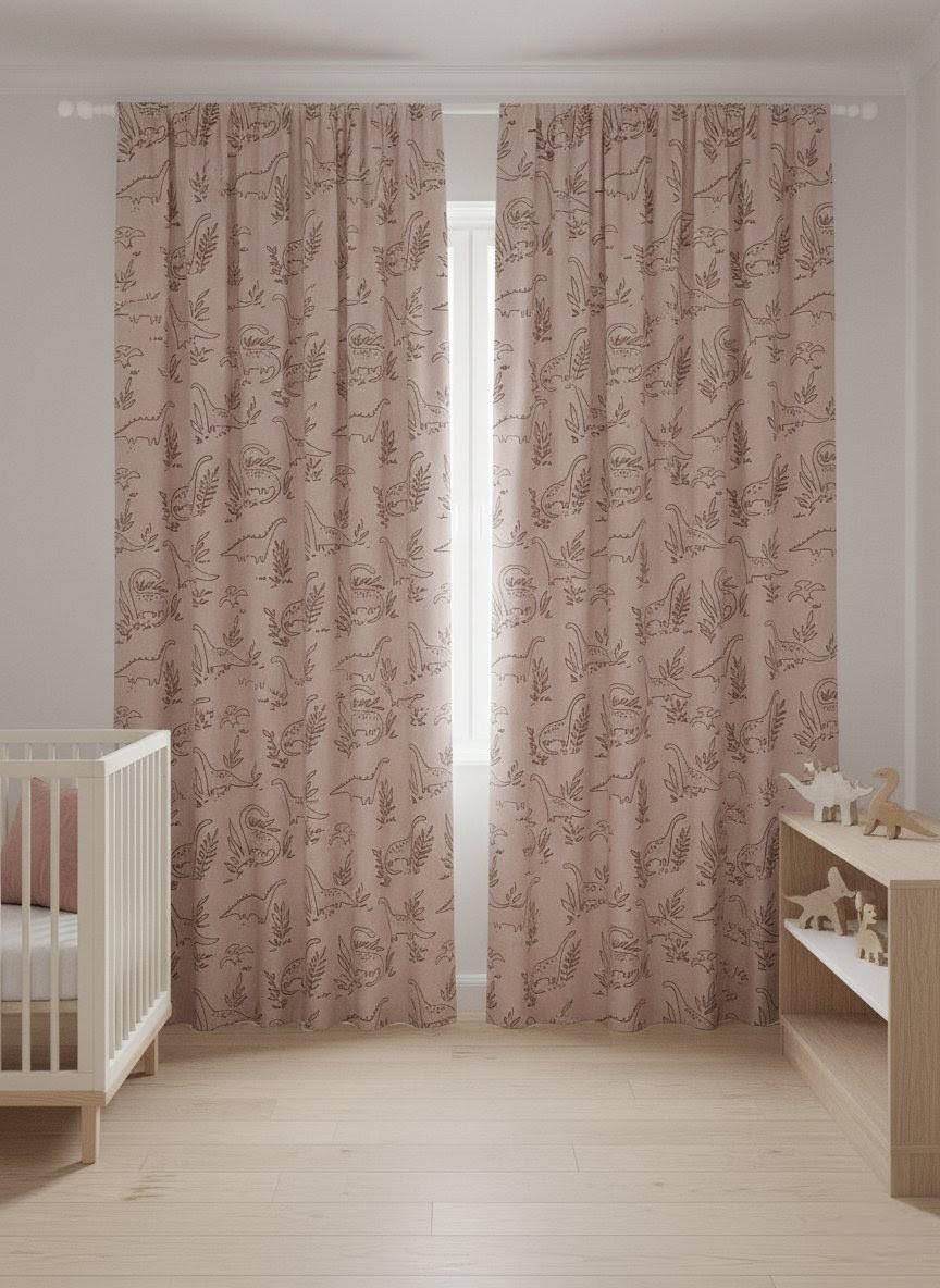 Blush Pink Dinosaur Linen Curtains, Playful Cocoa Brown (Blackout or Cotton) — image 10