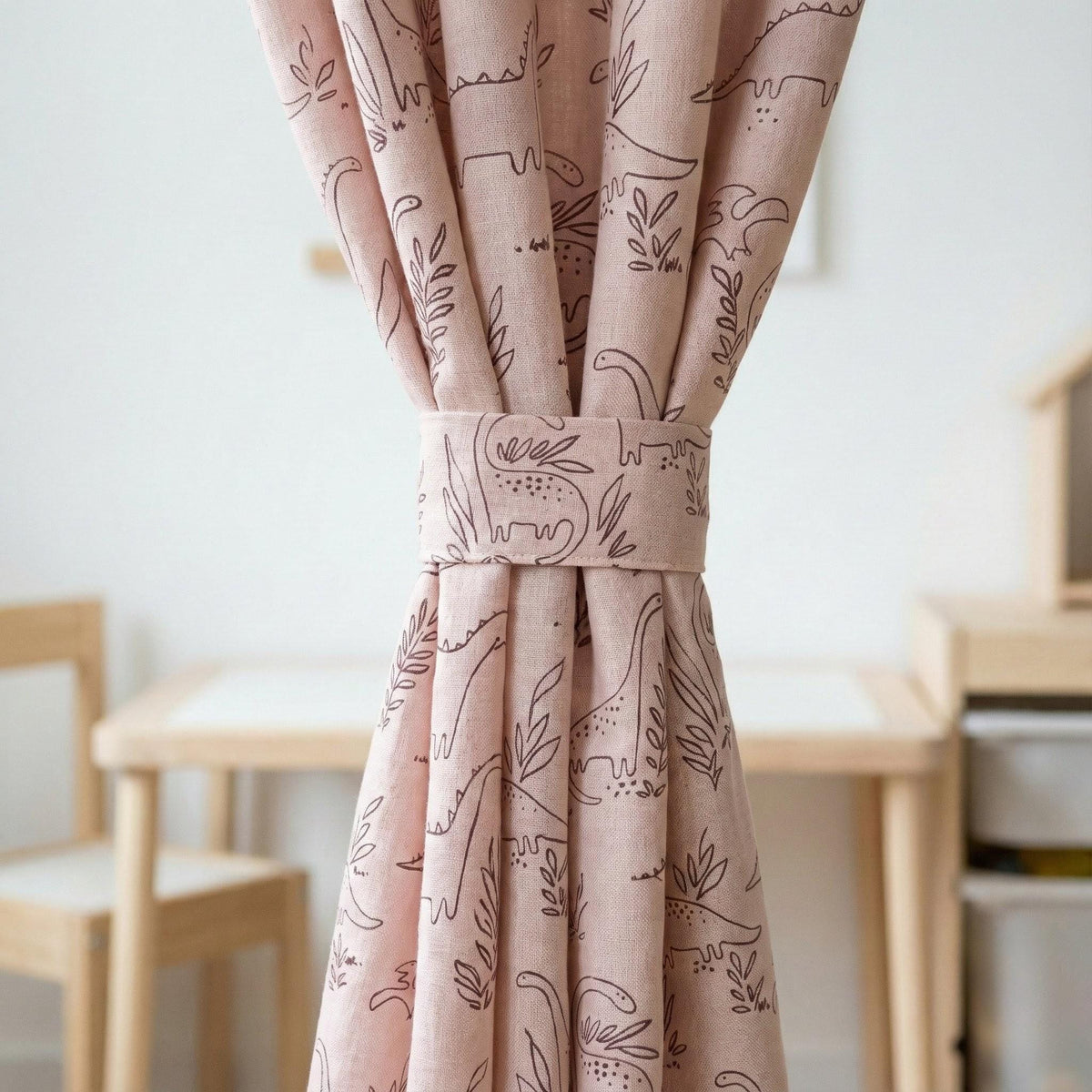 Blush Pink Dinosaur Linen Curtains, Playful Cocoa Brown (Blackout or Cotton) — image 5