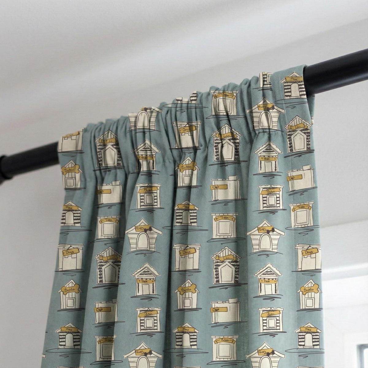Dusty Blue House-Print Curtains: Organic Cotton, Light Filtering or Blackout — image 3