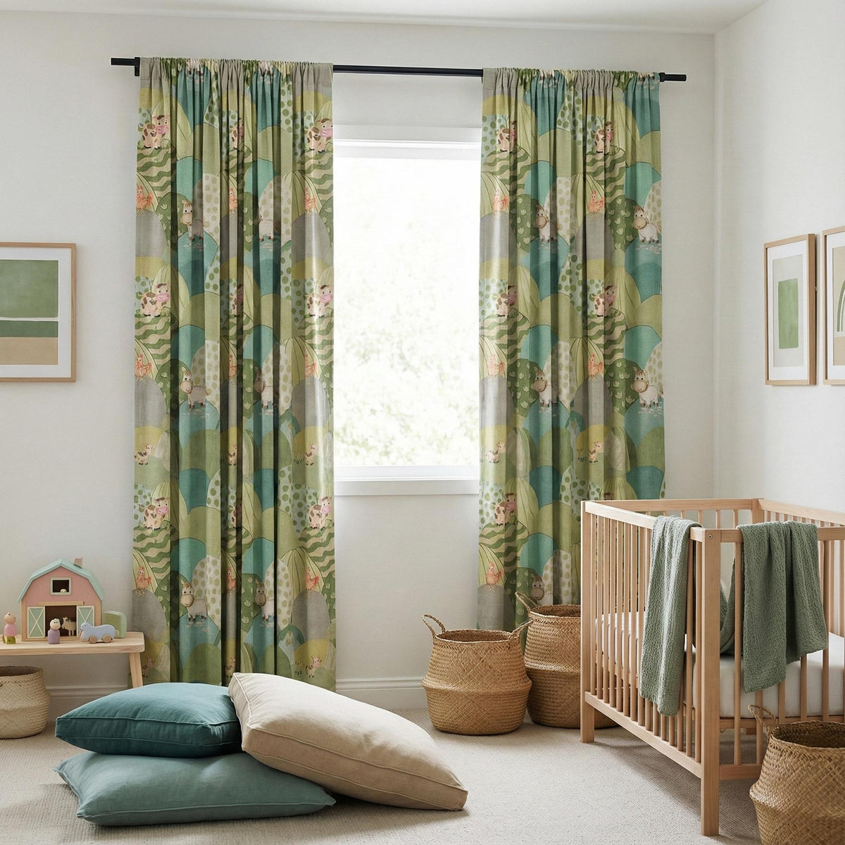 Farm Animal Curtains: Sage & Aqua Hills on Organic Linen — image 6