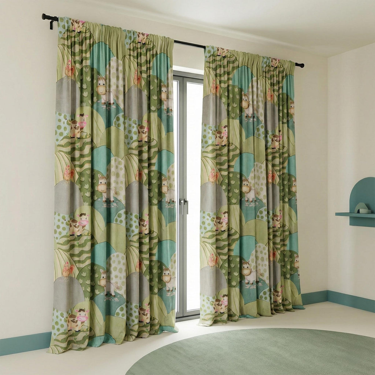 Farm Animal Curtains: Sage & Aqua Hills on Organic Linen — image 5