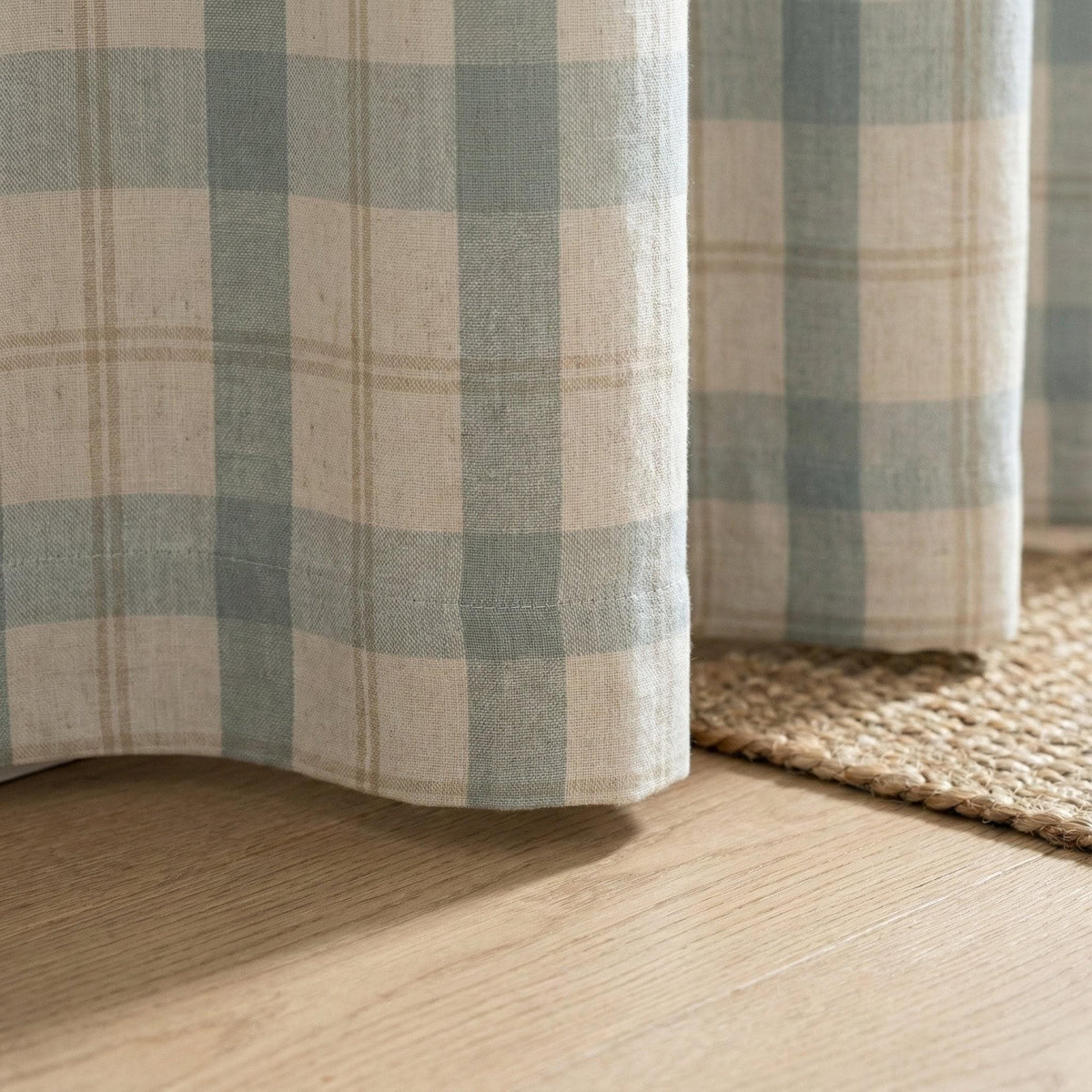 Farmhouse Check Curtains: Organic Linen Dusty Blue & Beige (Blackout or Cotton Liner) — image 4