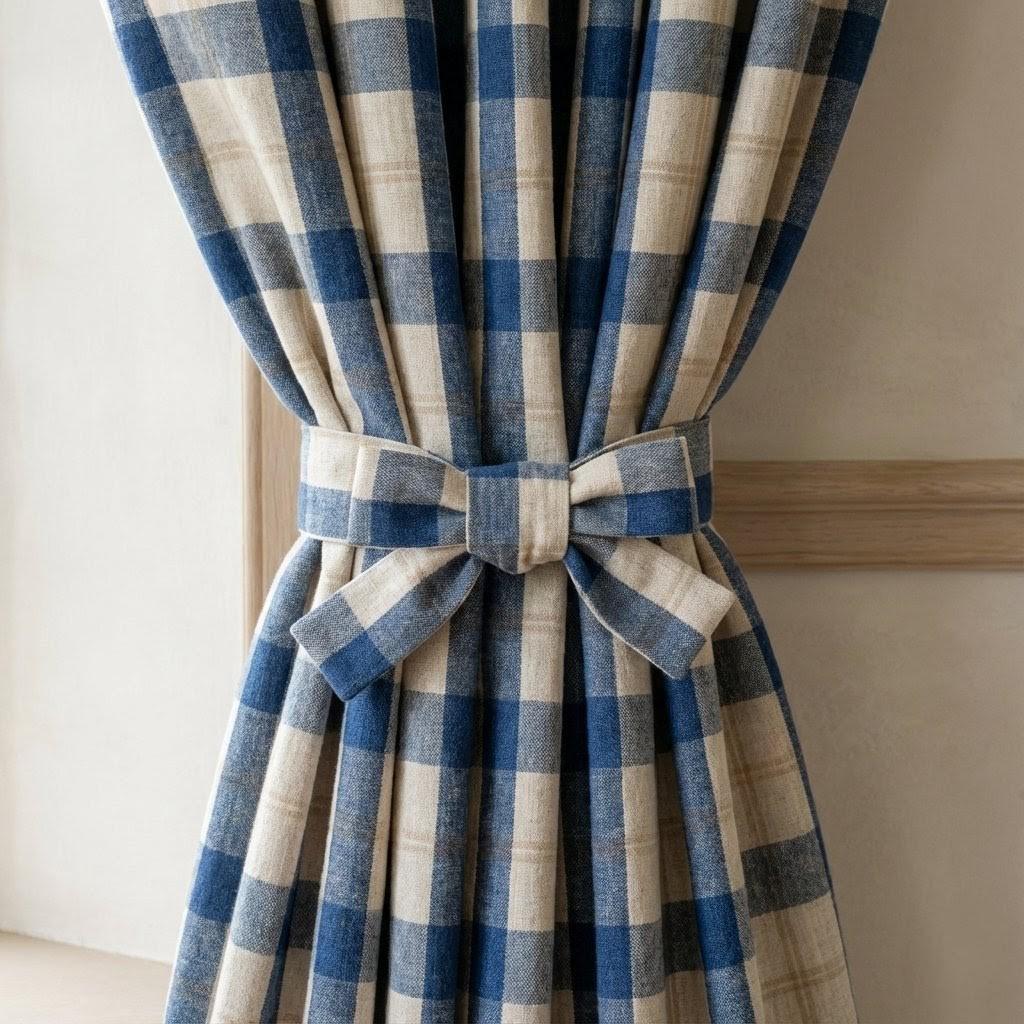 Farmhouse Linen Curtains, Navy Beige Plaid Checks (Blackout or Light Filtering) — image 8