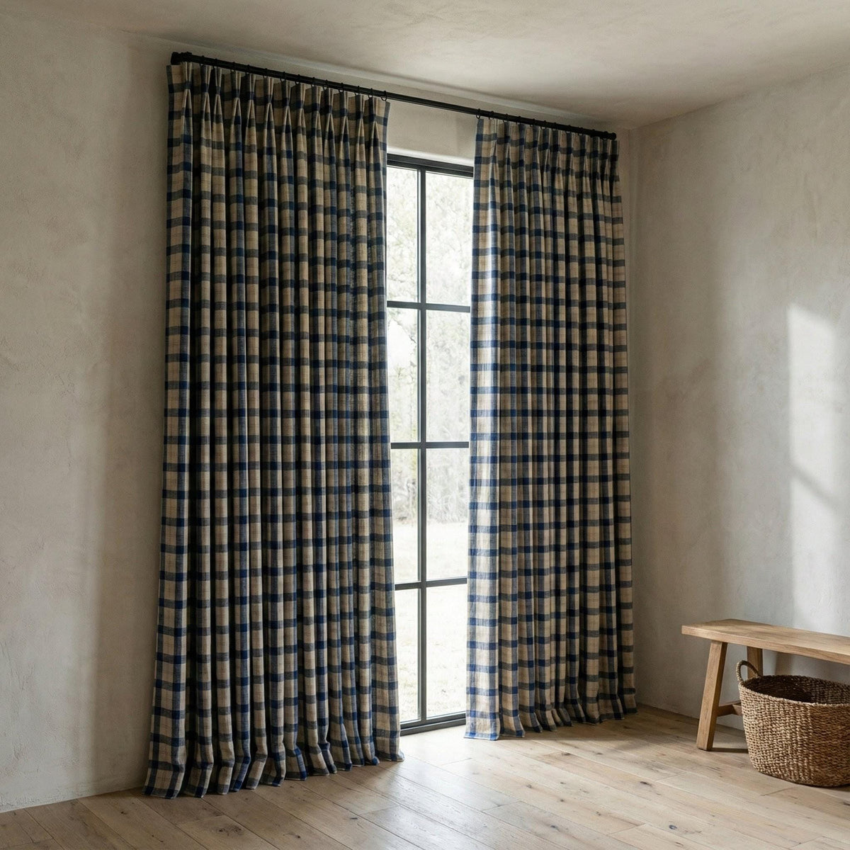 Farmhouse Linen Curtains, Navy Beige Plaid Checks (Blackout or Light Filtering) — image 5