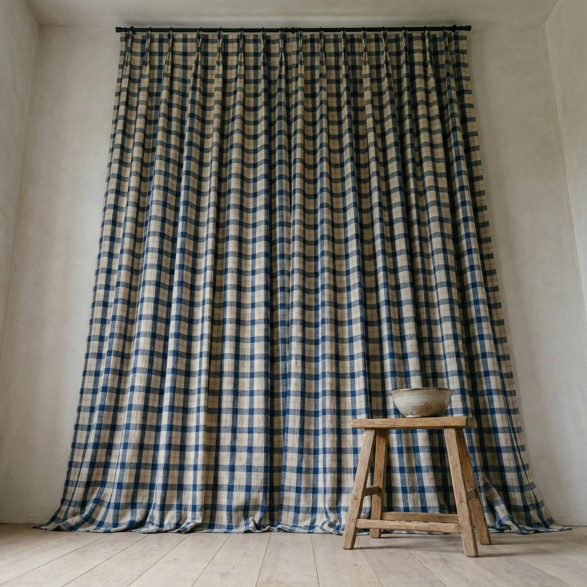 Farmhouse Linen Curtains, Navy Beige Plaid Checks (Blackout or Light Filtering) — image 10